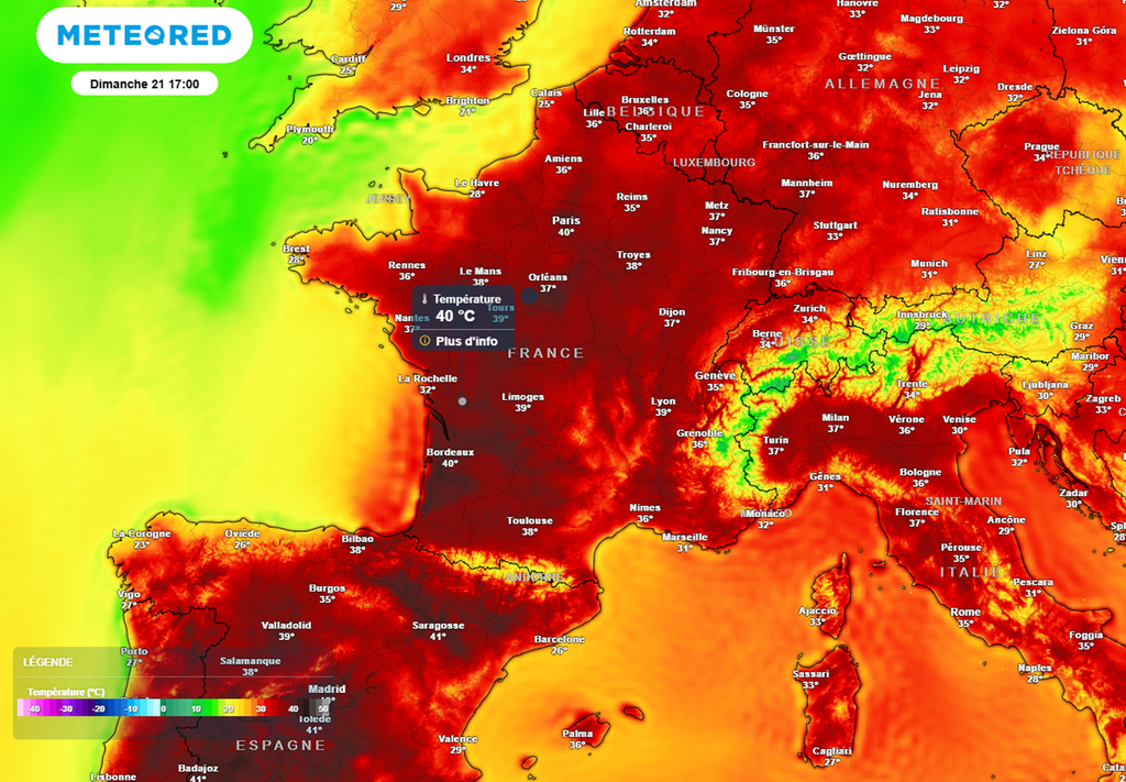 Des pointes à 40°C sont attendues dimanche de l'ouest au Bassin parisien. Des pointes à 40°C sont attendues dimanche de l'ouest au Bassin parisien.