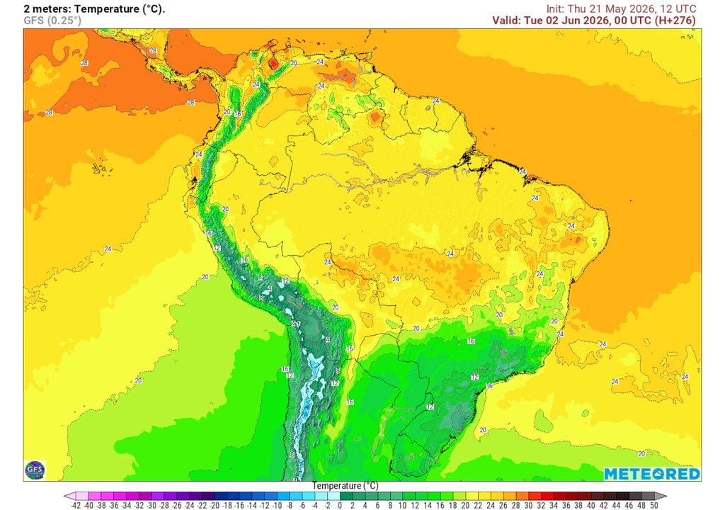 Previsão de temperaturas no início do dia 2 de Junho. Previsão de temperaturas no início do dia 2 de Junho ilustra o avanço de uma nova massa de ar frio, que fará as temperaturas caírem com intensidade no Sul e no Sudeste do país.