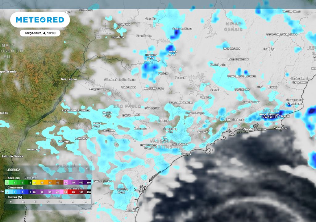 Previsão de nebulosidade e chuva na terça-feira durante a manhã.