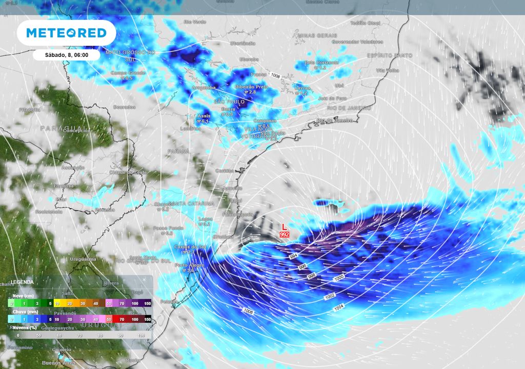 Previsão de pressão, nebulosidade e chuva no sábado durante a manhã.