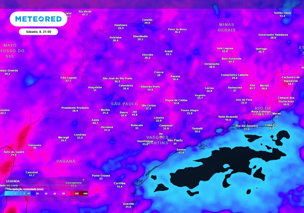 Previsão de acumulados totais de chuva até o final do Sábado.