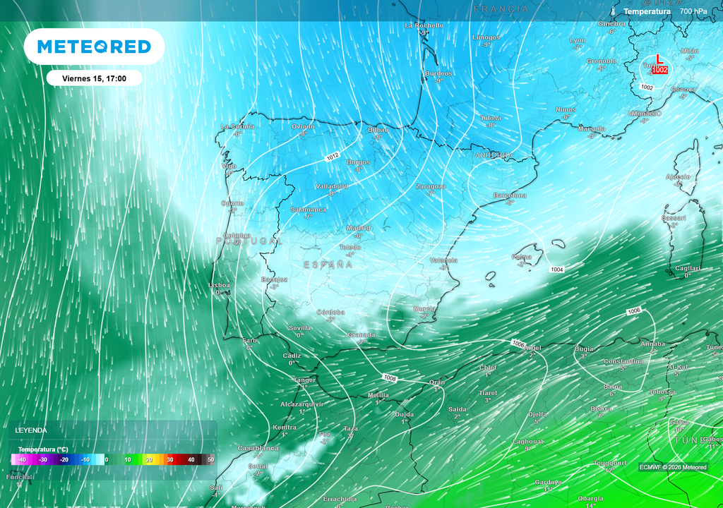 Entre el anticiclón atlántico y las bajas continentales al este de la península, habrá una irrupción de aire polar. Temperaturas previstas a unos 3000 metros.
