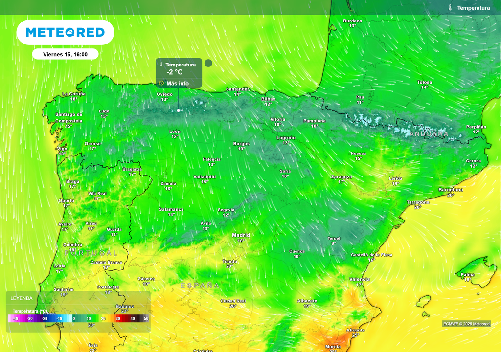 Las temperaturas quedarán contenidas en la mitad norte, en contraste con el extremo sureste, que superará con creces los 25 ºC.