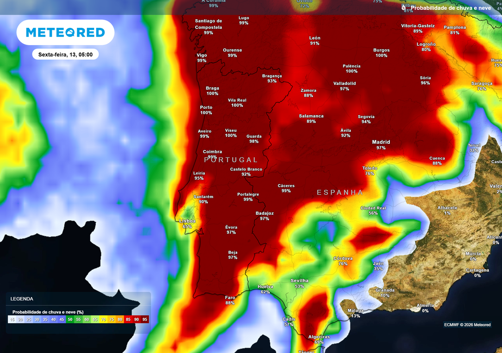 Na madrugada de sexta-feira é provável que chova em praticamente todo o continente.