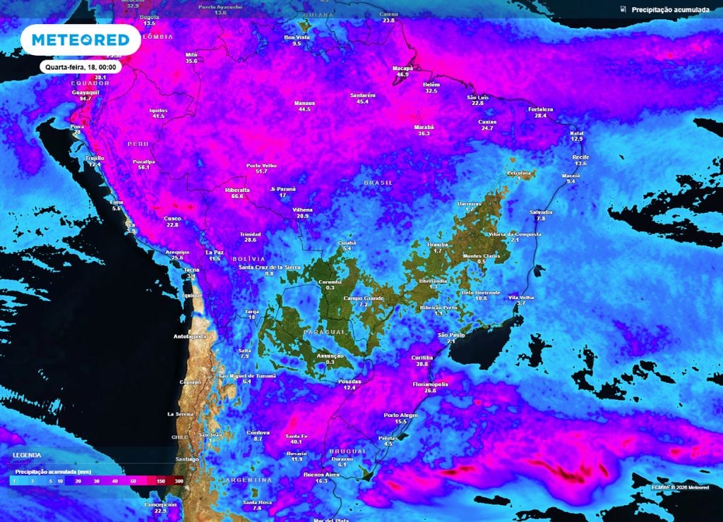 Acumulado de precipitação até a terça-feira, 17 de fevereiro.