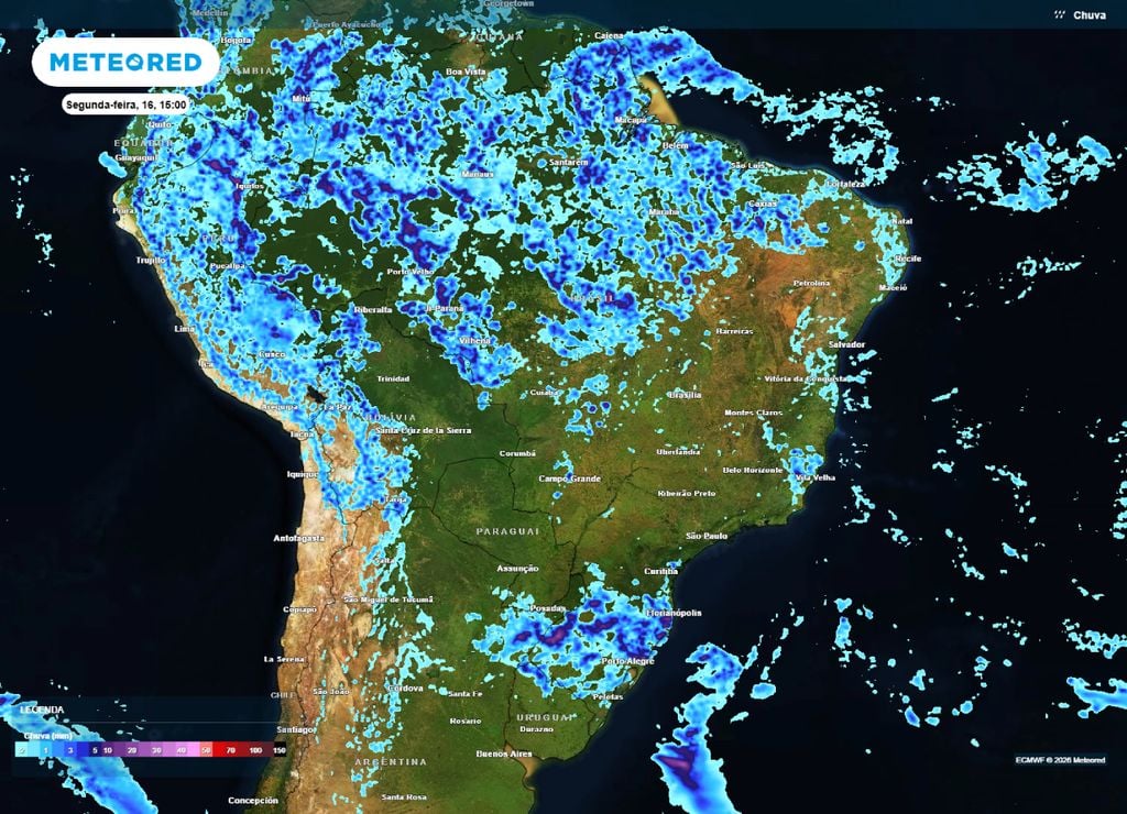 Previsão de chuva a partir da tarde da segunda-feira, 16 de fevereiro.