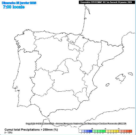 Mapas probabilísticos de superación de umbrales de acumulación de lluvia para los próximos días, 25 enero - 1 febrero 2026: arriba, en superar los 100 l/m2 y abajo, los 250 l/m2 . Meteociel