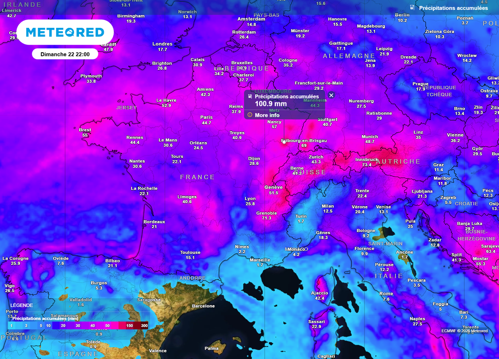 Cumuls précipitations d'ici dimanche D'ici dimanche soir, les régions proches des frontières de l'Est seront les plus arrosées, avec des pointes à près de 100mm de précipitations.