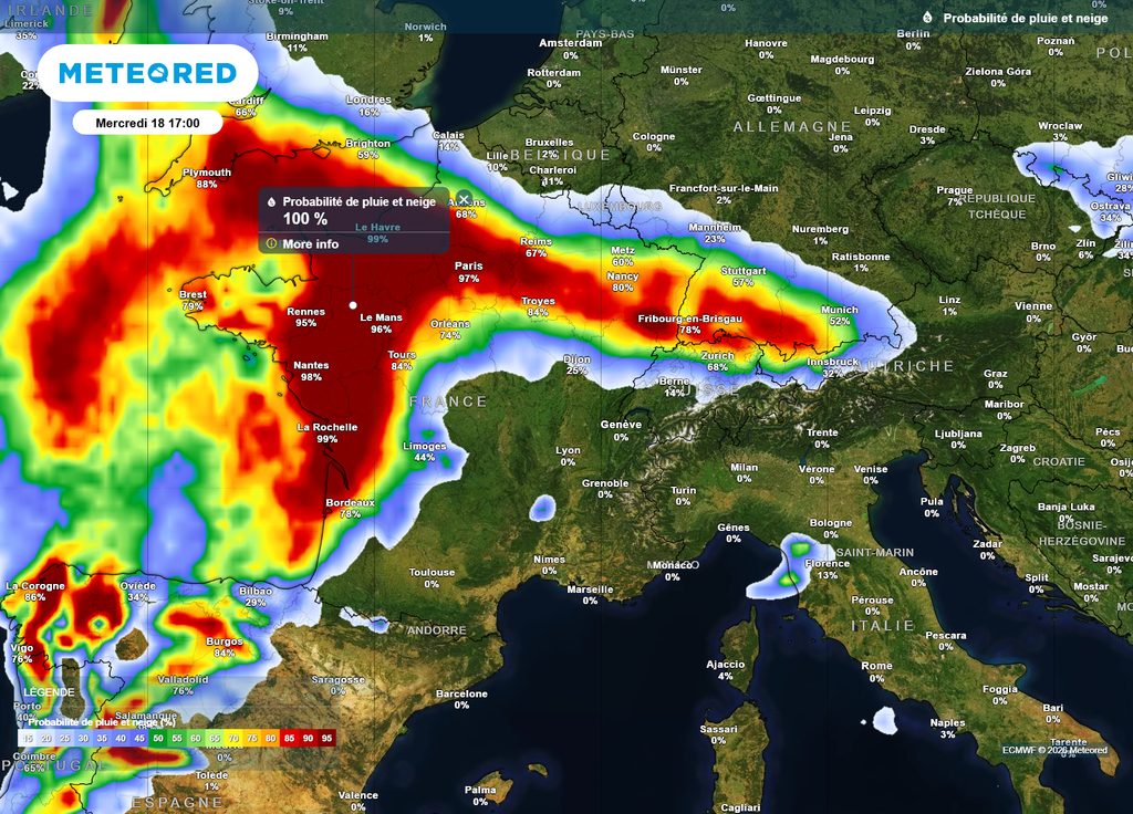 Perturbation risque de pluie mercredi après-midi Ce mercredi après-midi, une nouvelle perturbation pluvieuse arrosera les deux-tiers Ouest du pays, avec des cumuls de pluie parfois marqués sur des régions déjà inondées.