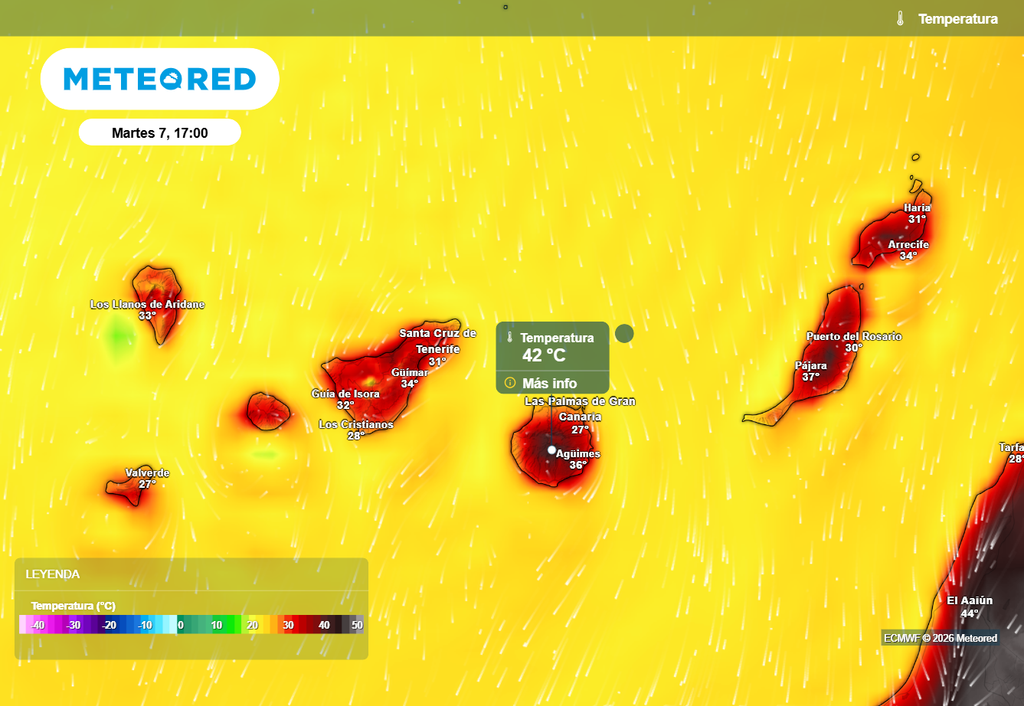 Máximas de hasta 42 ºC en la tarde del martes 7 de julio en puntos del interior de Gran Canaria. Temperaturas muy altas también en Tenerife, Fuerteventura y Lanzarote.