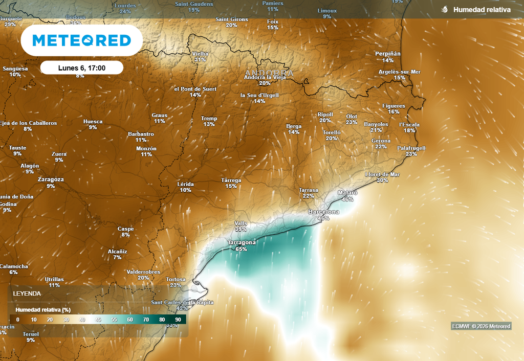 Excepto en zonas del litoral, se esperan niveles extremadamente bajos de humedad relativa en Cataluña.