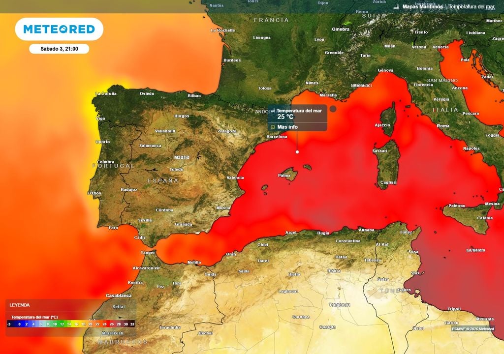 El modelo europeo prevé temperaturas de 25 ºC en la superficie del Mediterráneo occidental aún hoy, 3 de octubre.