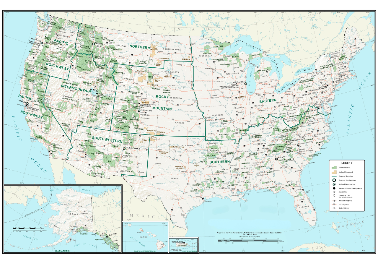 Mapa de los bosques (verdes) y pastizales (naranjas) nacionales de Estados Unidos, con regiones y áreas protegidas destacadas. Imagen tomada del Servicio Forestal de Estados Unidos.