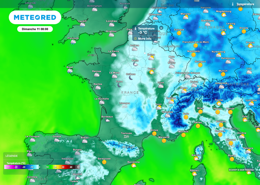 Gelées communes pour la saison ce dimanche matin. Des phénomènes glissants sont localement possibles.