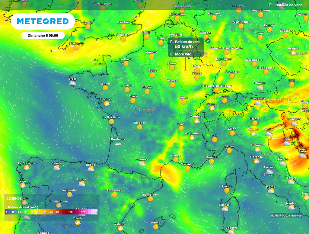 Vent sensible à fort dans le nord-est de la France dimanche.