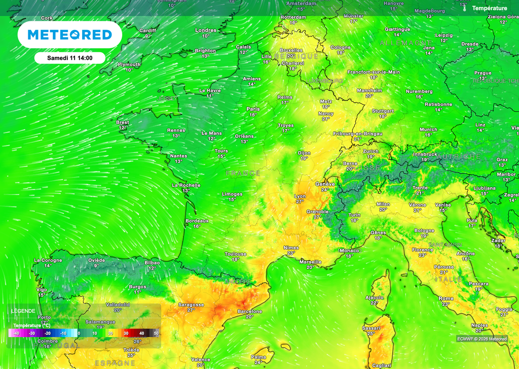 De l'air frais à l'ouest et une grande douceur : un conflit de masses d'air se met en place. De l'air frais à l'ouest et une grande douceur : un conflit de masses d'air se met en place.
