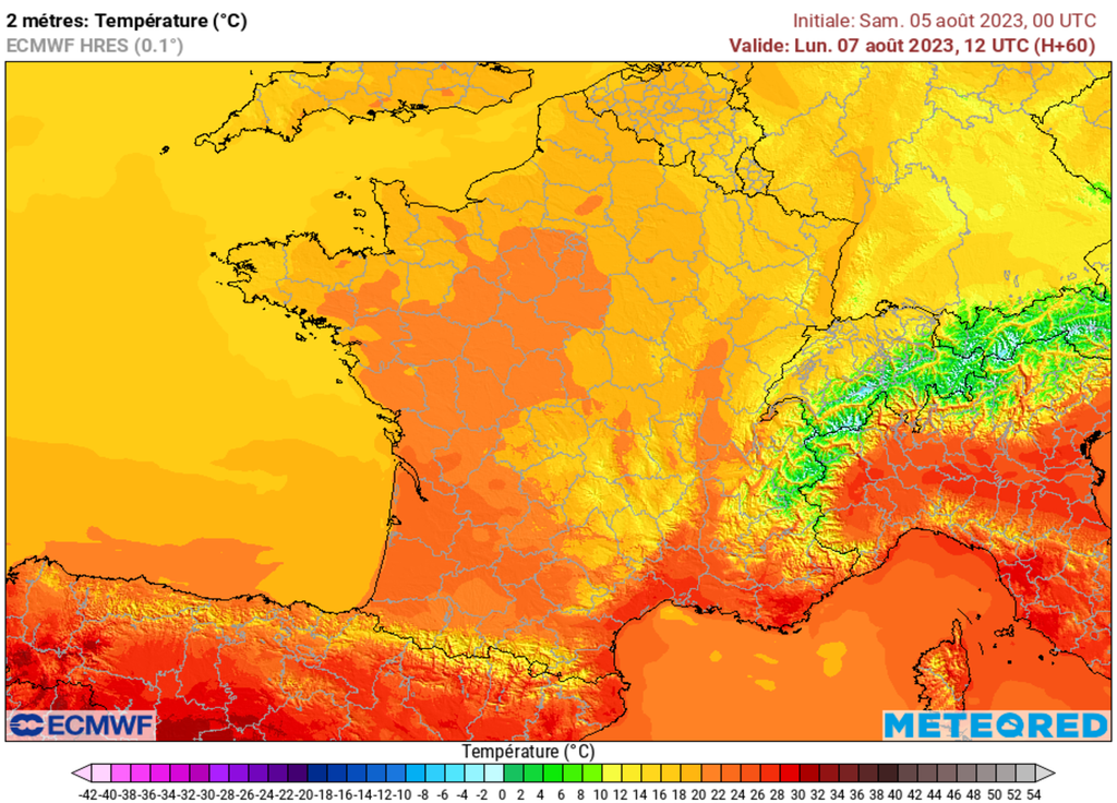 Encore des températures un peu trop basses pour un 6 août. Mise en place d'un radoucissement par le Sud-Ouest.
