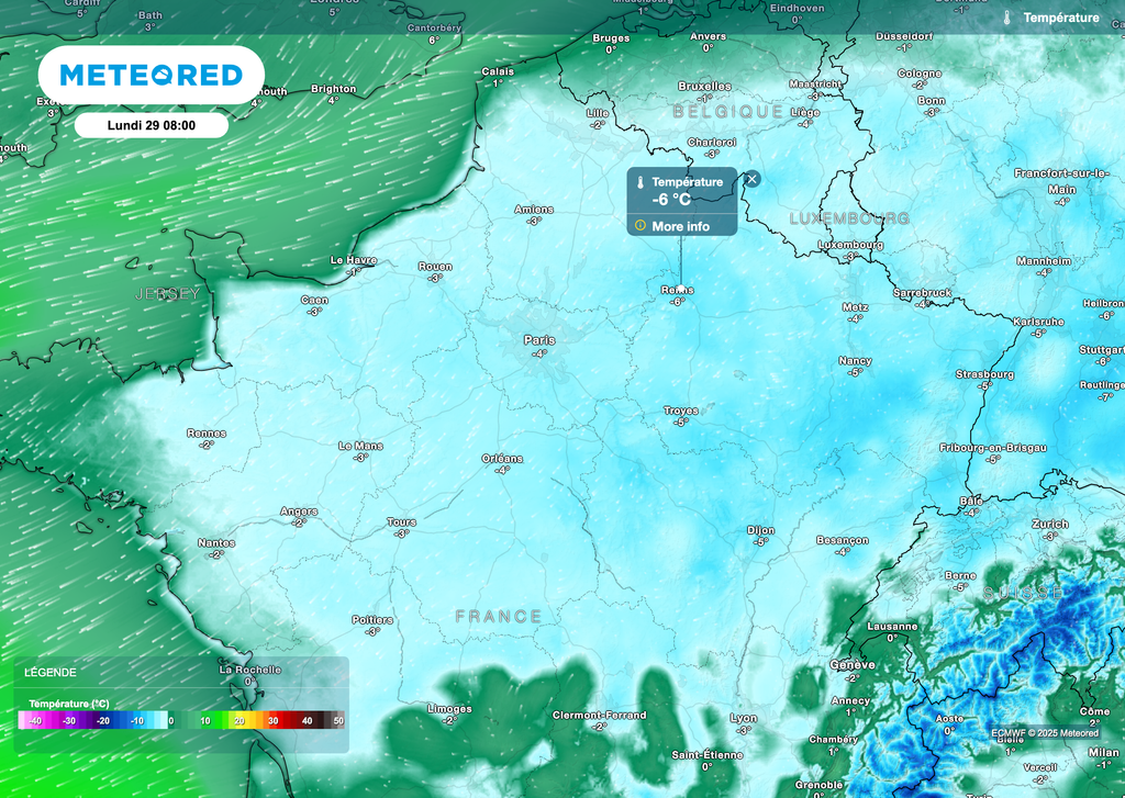 En Champagne-Ardenne, les -6°C voire moins sont possibles. En Champagne-Ardenne, les -6°C voire moins sont possibles.
