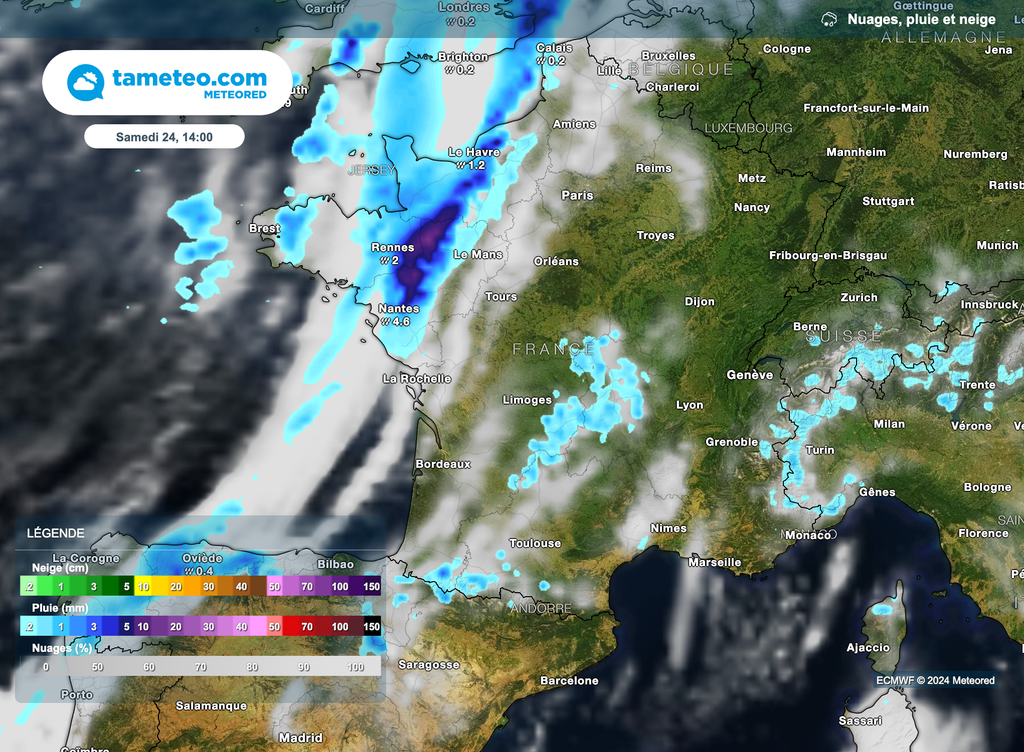 En début d'après-midi, des orages locaux sont possibles sur les régions proches du massif Central et près des Pyrénées.