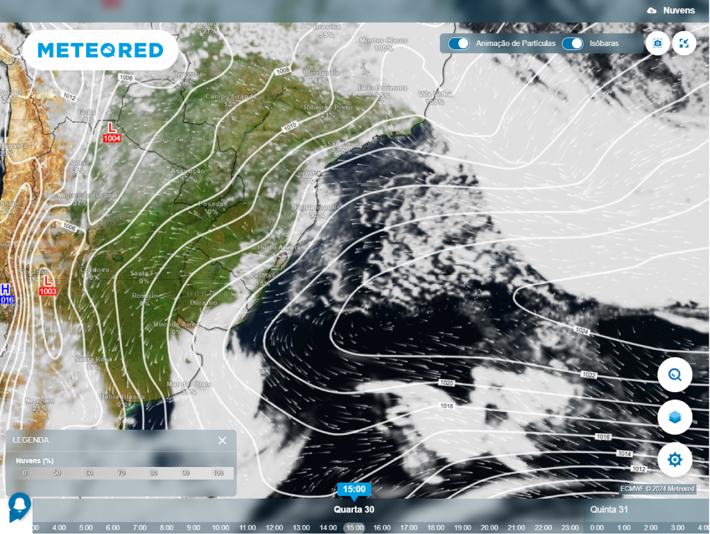 previsão, nuvens e vento, ecmwf
