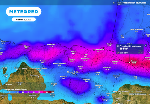 Cerca de 100 l/m2 hasta el Jueves Santo en Cantabria, Pa&iacute;s Vasco y Navarra