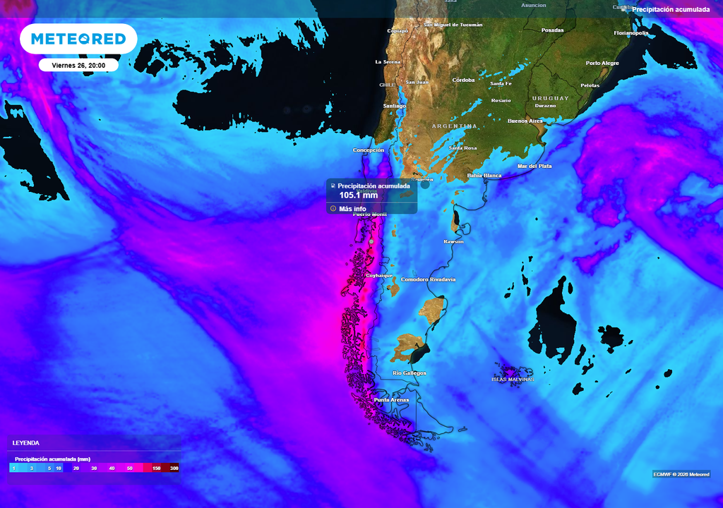 La cordillera sur de Los Lagos y la cordillera de Aysén serán los puntos del país que más precipitaciones acumularán esta semana.
