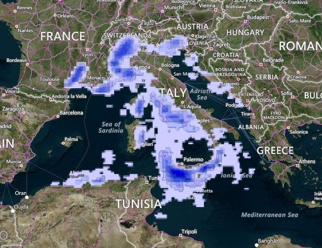 Foto 3: Predicción de probabilidad de precipitación acumulada de más de 150 mm en 10 días. Predicción de probabilidad de precipitación acumulada de más de 150 mm en 10 días según el portal GLOFAS, con escala adjunta. Pasada del día 31 de octubre de 2018 del modelo ENS ECMWF