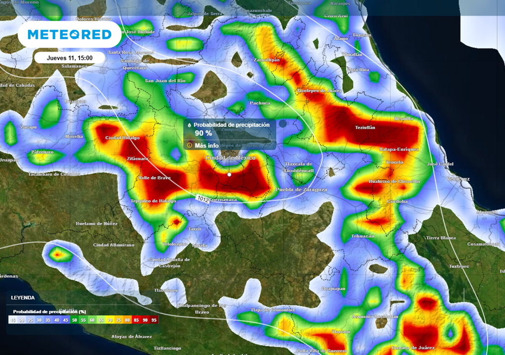 probabilidad de tormentas y lluvias en la sede mundialista 2026 del estadio azteca Aumentará rápidamente la probabilidad de lluvias y tormentas en la tarde del jueves 11 de junio en la sede mundialista de CDMX. Modelo: ECMWF.