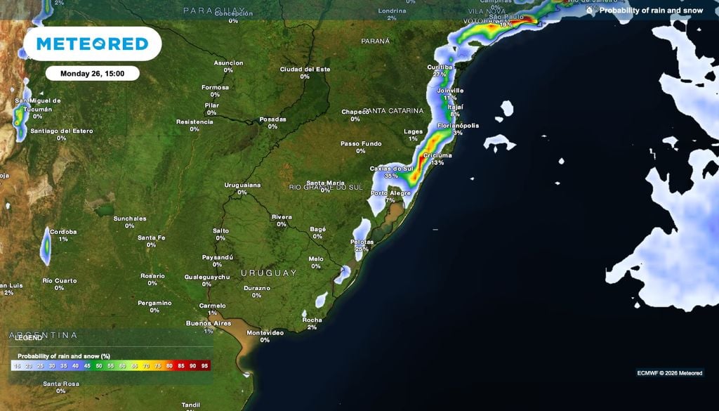 Previsão de probabilidade de chuva para segunda-feira (26), às 15h, com tempo predominantemente seco no Sul do Brasil.