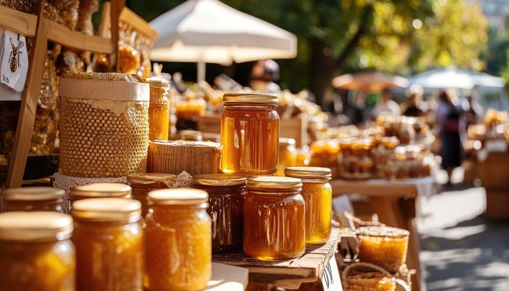 Miel étal marché été producteur apiculteur Le miel étant un produit animal, il fait l'objet d'interdiction de transport.