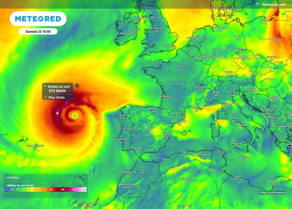 Certaines modélisations voient tout de même des rafales à plus de 110 km/h, faisant ressembler ce système à une tempête subtropicale, avec des vents forts éloignés du centre.