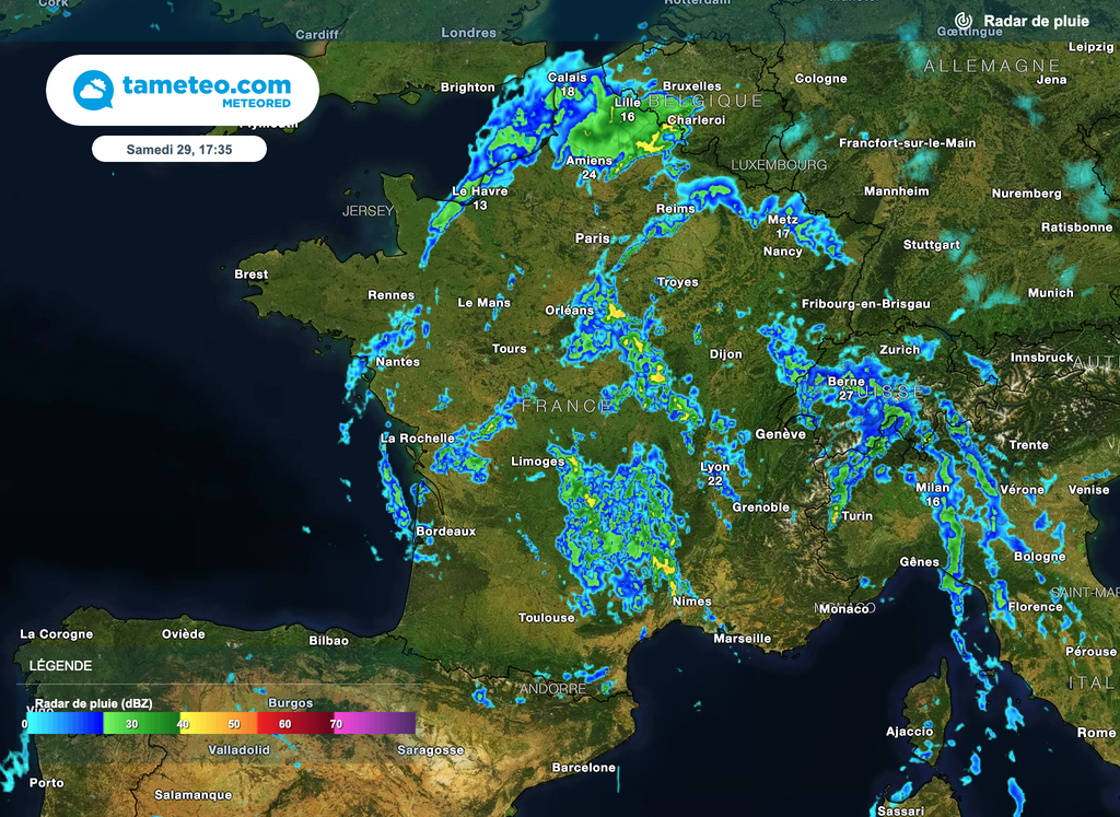 L'image radar des précipitations indique des pluies parfois fortes.