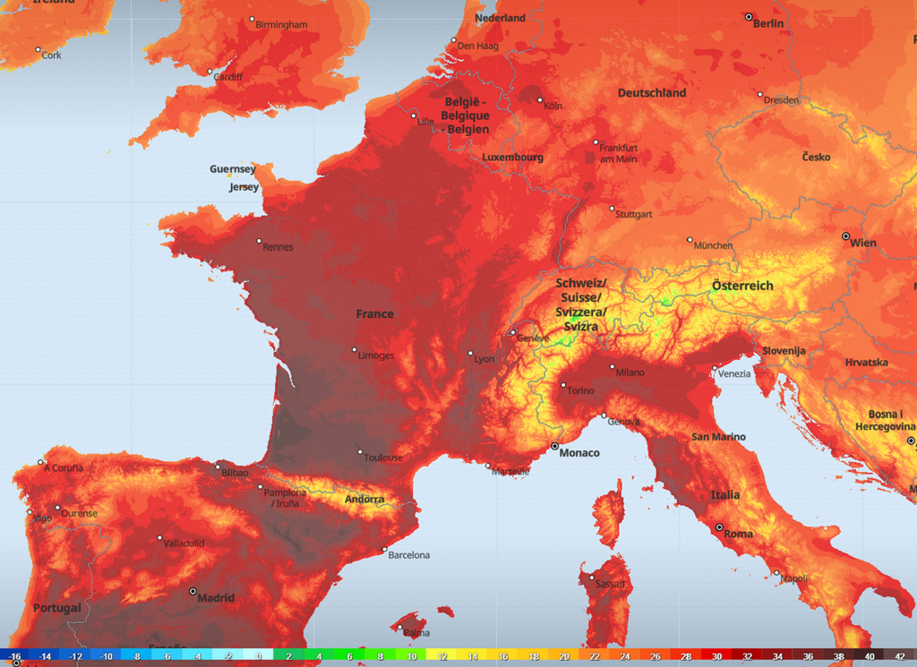Mercredi après-midi, des températures s'approchant des 40°C sont prévues dans l'intérieur des Landes (carte ECMWF via tameteo). Mercredi après-midi, des températures s'approchant des 40°C sont prévues dans l'intérieur des Landes (carte ECMWF via tameteo).