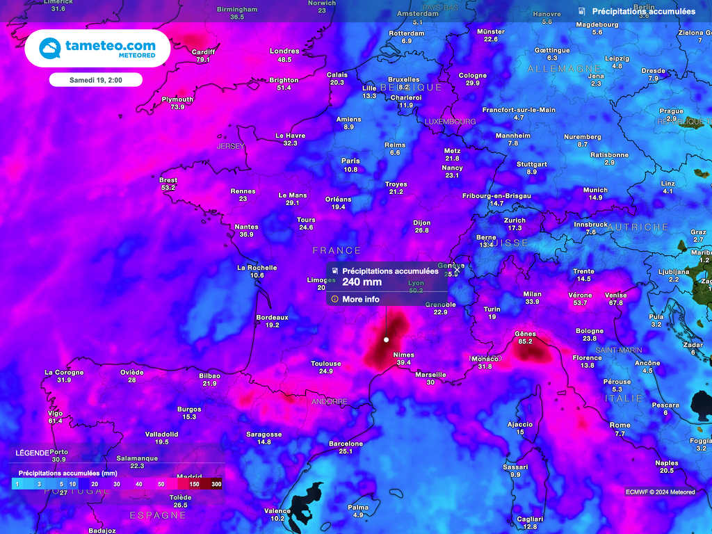 Les accumulations de pluie sur l'ensemble de la semaine s'annoncent modérés en France, exception vers les Cévennes notamment. Les accumulations de pluie sur l'ensemble de la semaine s'annoncent modérés en France, exception vers les Cévennes notamment.
