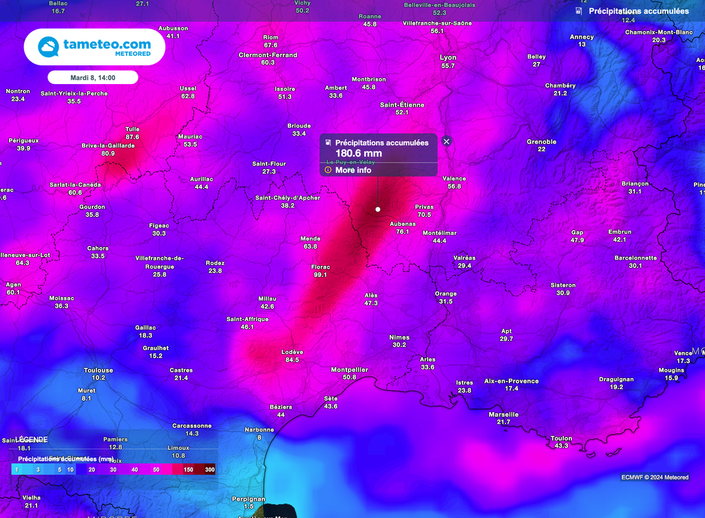Près de 200mm annoncés sur les Cévennes, isolément plus de 300mm. Près de 200mm annoncés sur les Cévennes, isolément plus de 300mm.