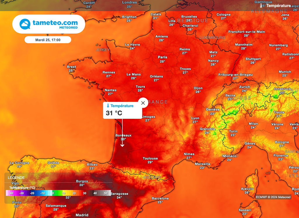 La chaleur pourra devenir forte mardi (seuil des 30°C), surtout dans le sud-ouest. La chaleur pourra devenir forte mardi (seuil des 30°C), surtout dans le sud-ouest.