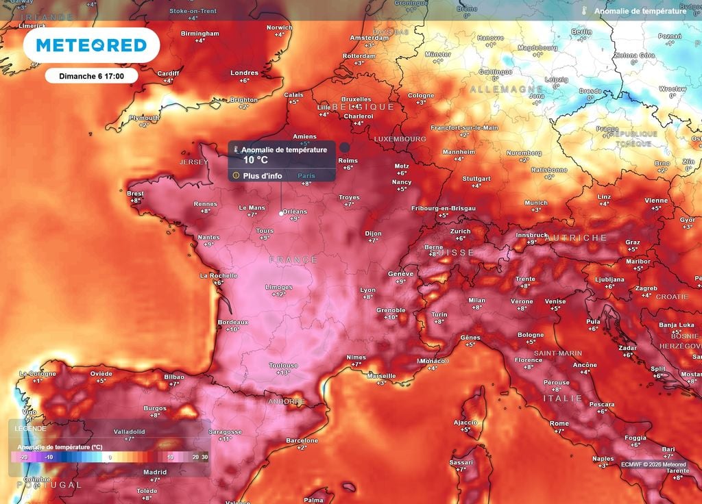Si l'anomalie de températures la plus forte par rapport aux normales de saison sera enregistrée dans le Sud-Ouest, la moitié Nord ne sera pas en reste, avec 5 à 10°C d'excédent thermique.