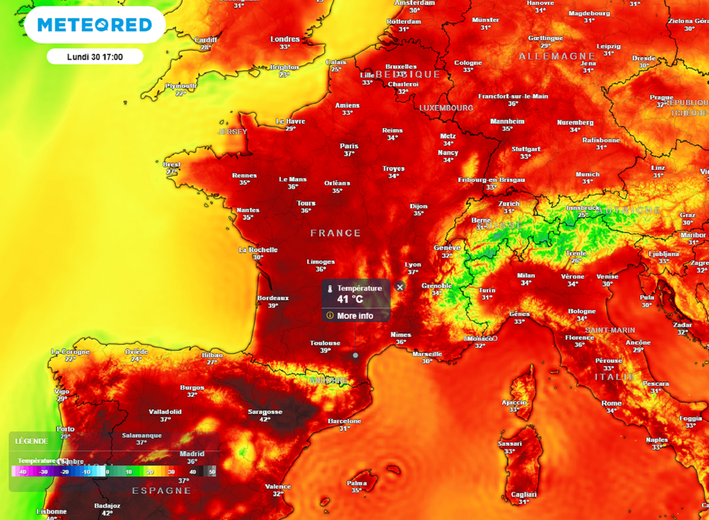 Lundi après-midi, la barre des 40°C sera localement dépassée en France. Lundi après-midi, la barre des 40°C sera localement dépassée en France.
