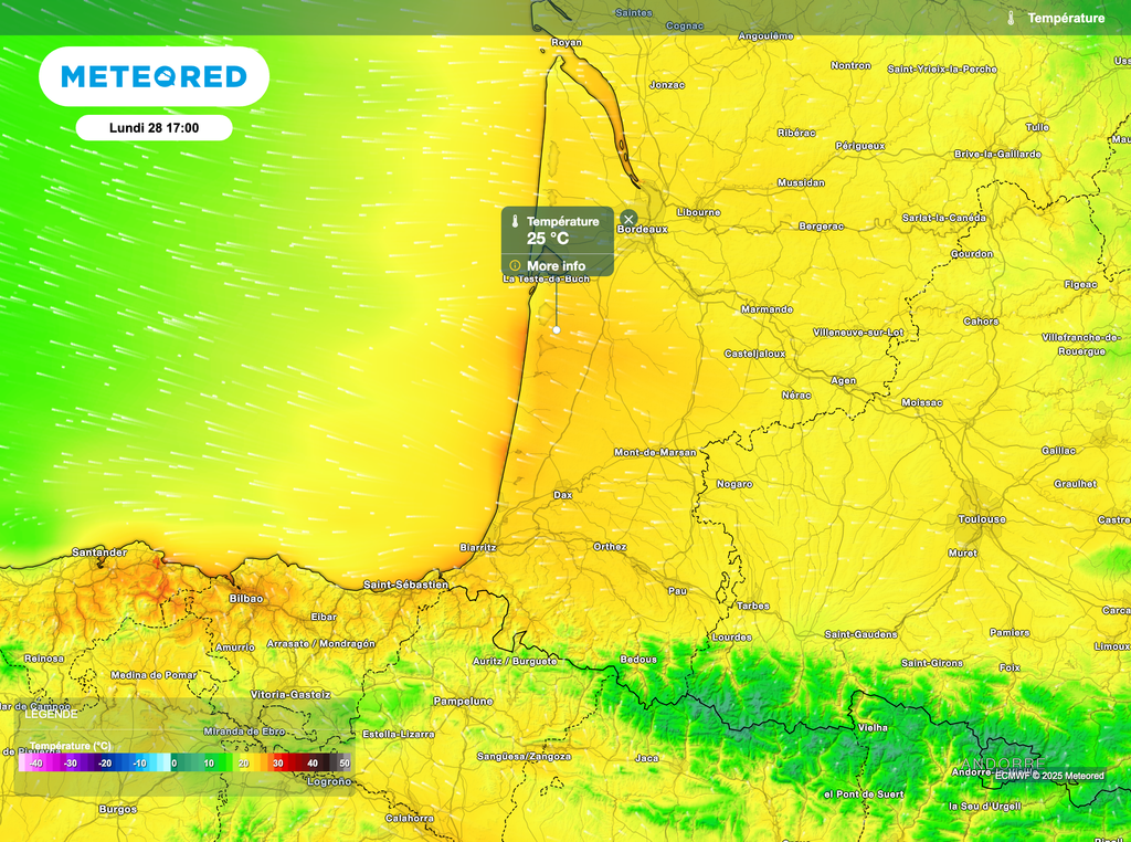 Le seuil de chaleur (25°C) est possible lundi après-midi dans le sud-ouest. Le seuil de chaleur (25°C) est possible lundi après-midi dans le sud-ouest.