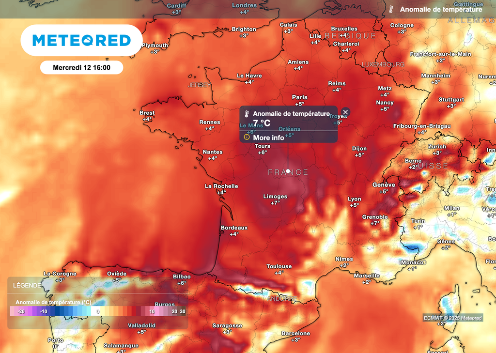 Températures anormalement élevées en milieu de semaine prochaine en France.
