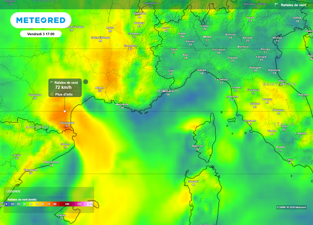 Rafales de vent Sud-Est vendredi après-midi Demain, vendredi, mistral et tramontane souffleront encore à 70 km/h en rafales dans le quart Sud-Est de la France.
