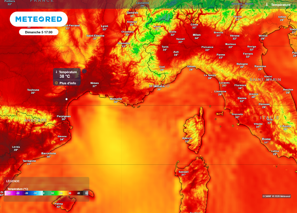 Températures dimanche après-midi Sud-Est Pas d'amélioration à attendre côté températures, avec une accentuation des fortes chaleurs : dès dimanche, des pointes à 38°C sont prévues vers le Languedoc.
