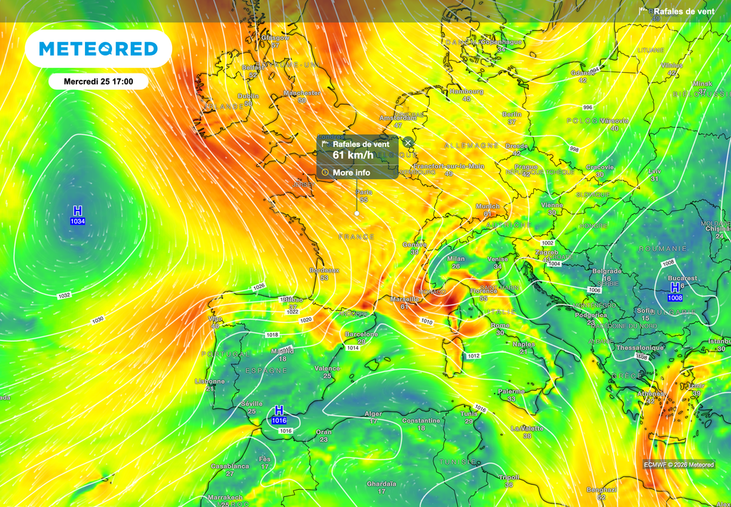 De 60 à 70km/h, localement 80km/h jusqu'à l'intérieur des terres mercredi.