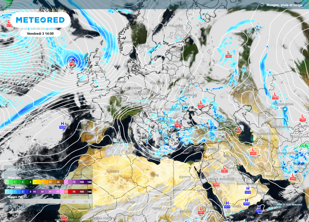 Vendredi 3 avril, des conditions typiques de la NAO+ vont s'installer : une dépression creuse au Sud de l'Islande et un anticyclone regonflant sur les Açores. En France, le vent tournera au Sud-Ouest.
