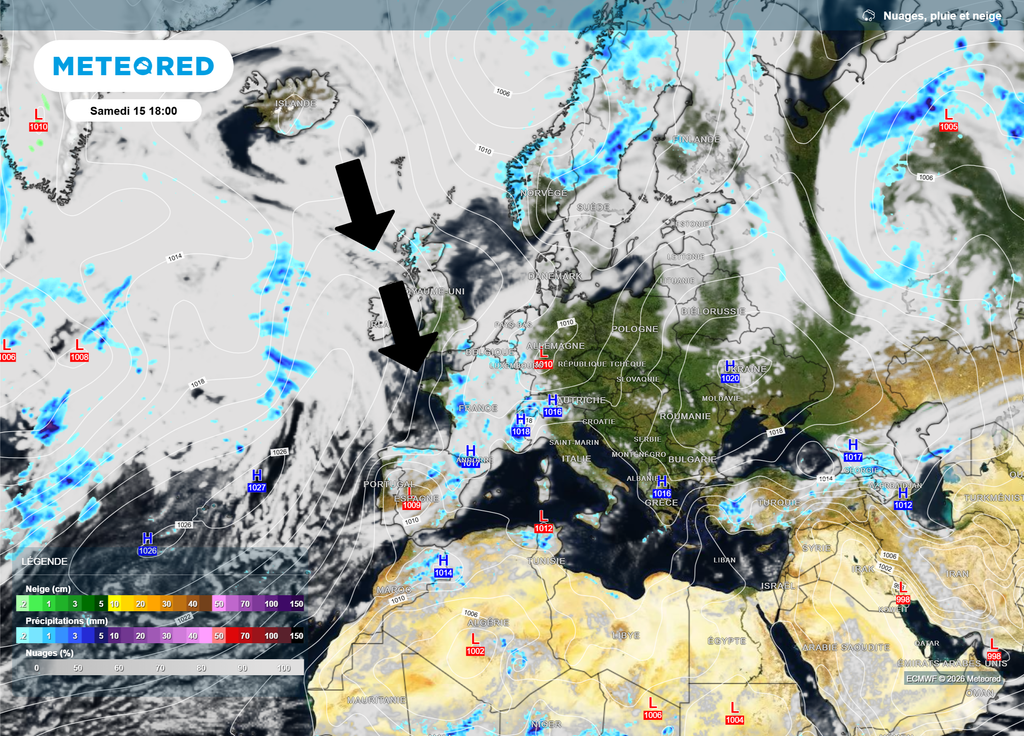 Samedi, la dorsale atlantique orientera le flux au Nord-Ouest en France, avec une baisse des températures et la formation d'orages en raison du conflit de masses d'air.