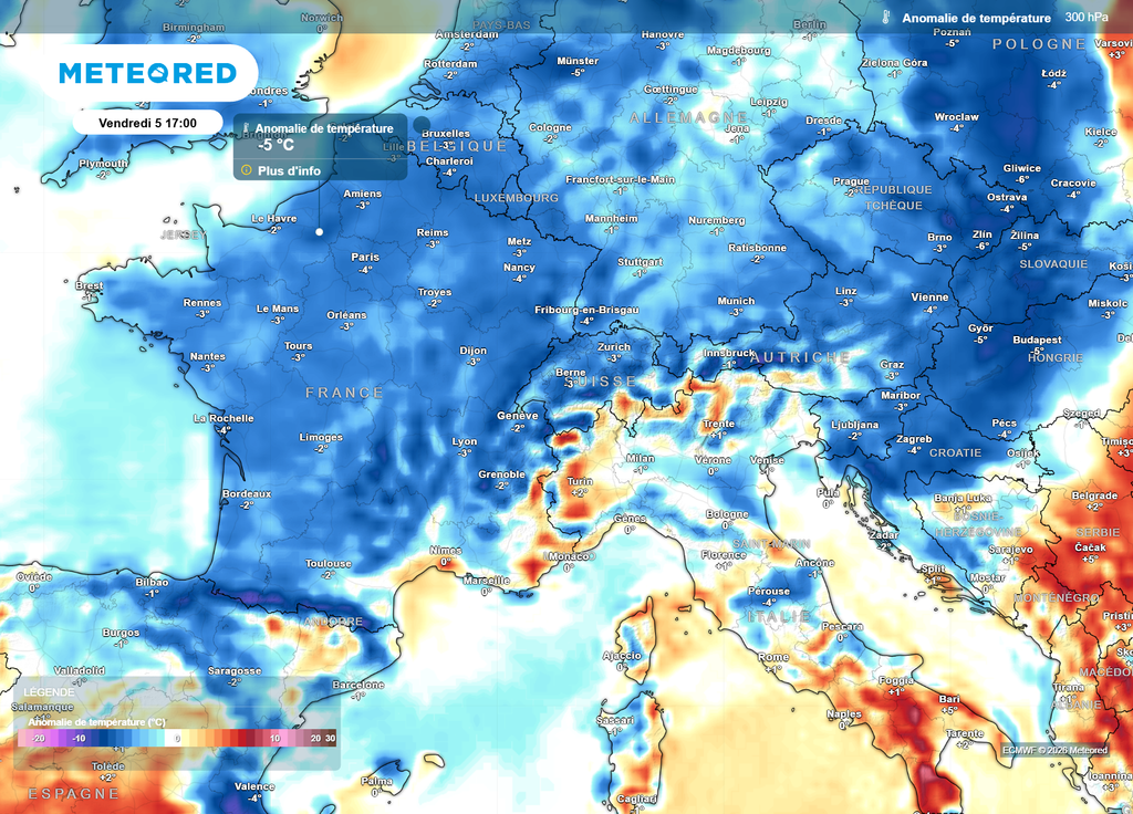 Vendredi après-midi, les températures se retrouveront régulièrement 3 à 4°C en-dessous des normales de saison.