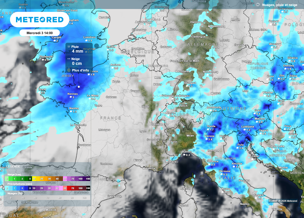 Nuages et pluie mercredi matin La perturbation arrivant mercredi matin par le Nord-Ouest pourrait être porteuse d'un bon arrosage : changement radical d'ambiance en vue !
