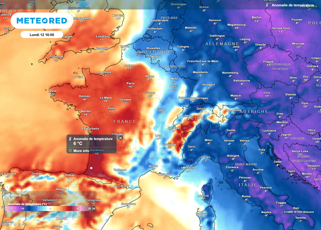 Anomalie de températures lundi après-midi