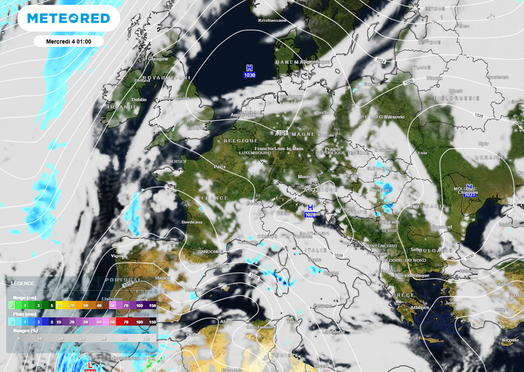 Une véritable barrière de hautes pressions se formera des Açores jusqu'au sud de la Scandinavie.