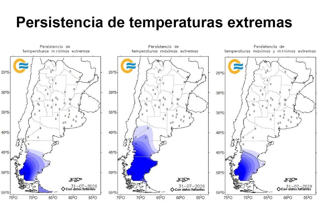 Persistencia temperaturas Mapa de persistencia de temperaturas extremas. El número en cada mapa, indica la cantidad de días que se cumple cada condición en ese punto